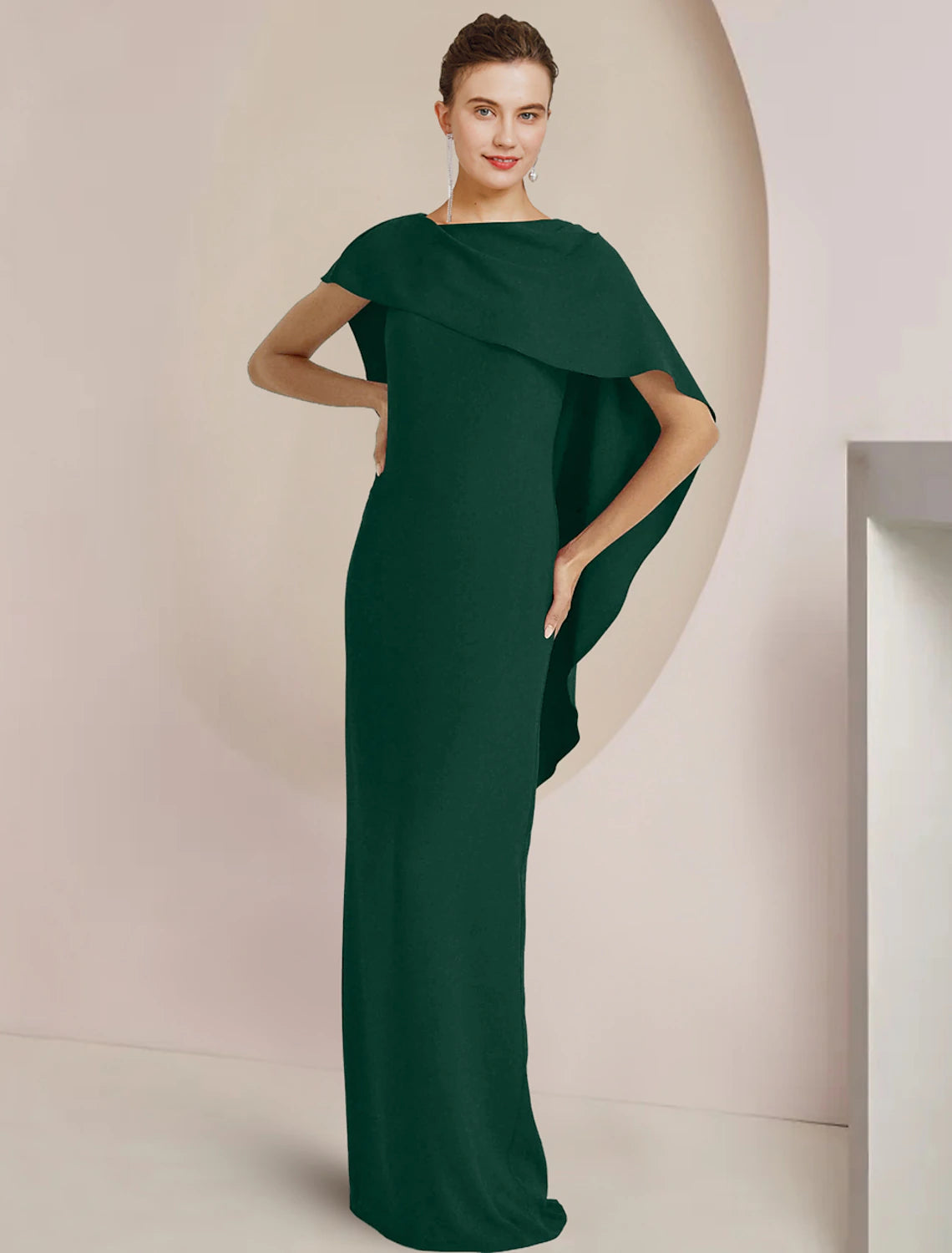 Black Draped Cape Crepe Sheath Floor-Length Dress
