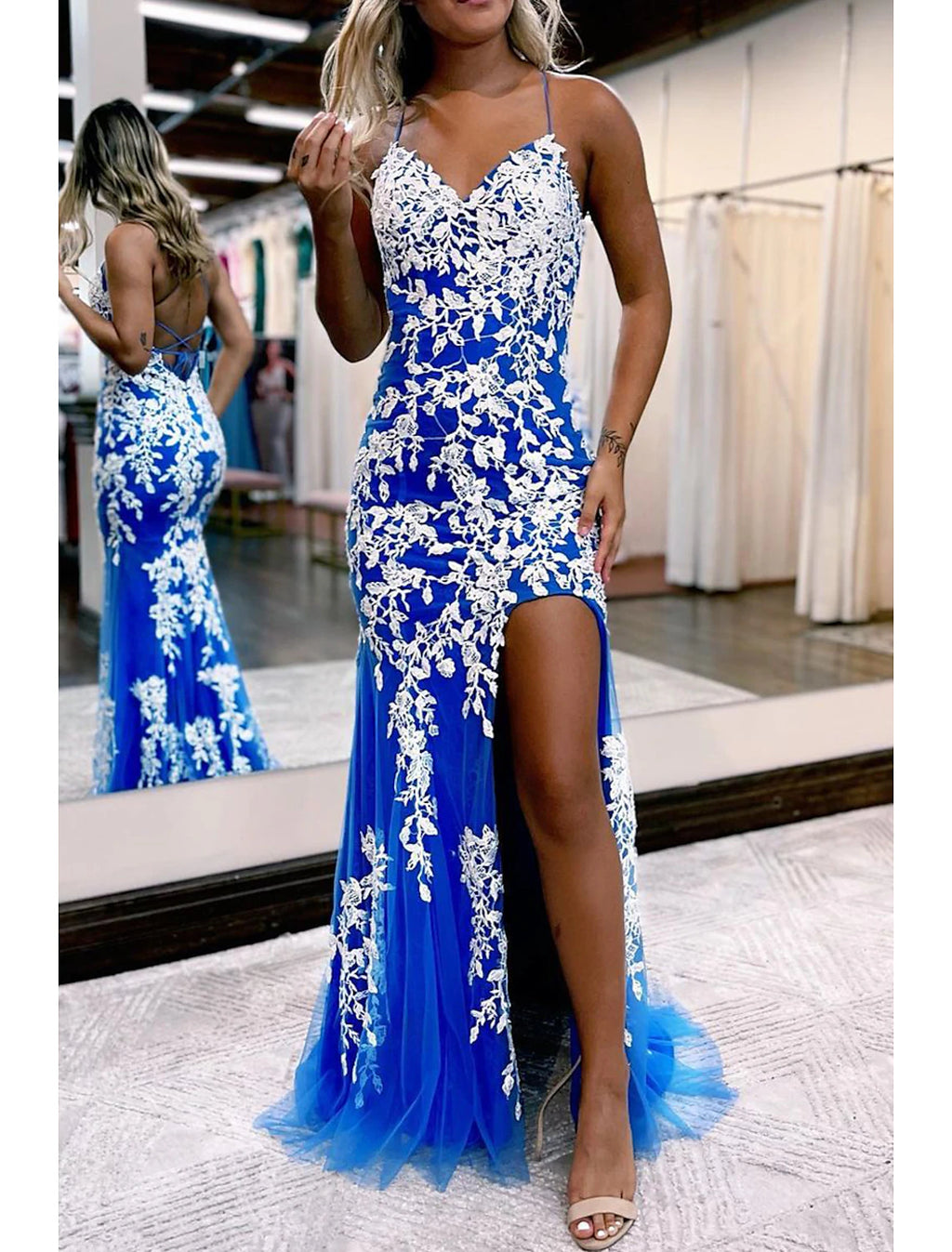 Royal Blue Lace Tulle Sweetheart Sheath Floor-Length Evening Dress