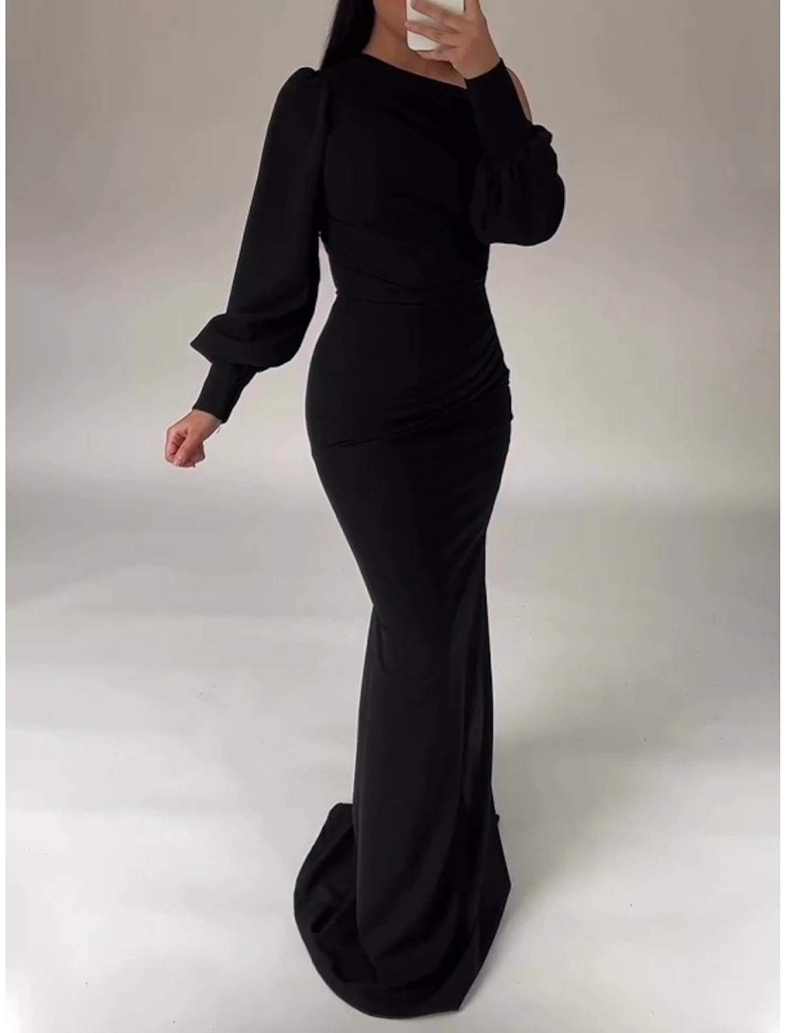 Vestido de noche elegante navideño con corte tubo/columna, corte formal, cola larga, un hombro, tela con abertura fruncida 2025