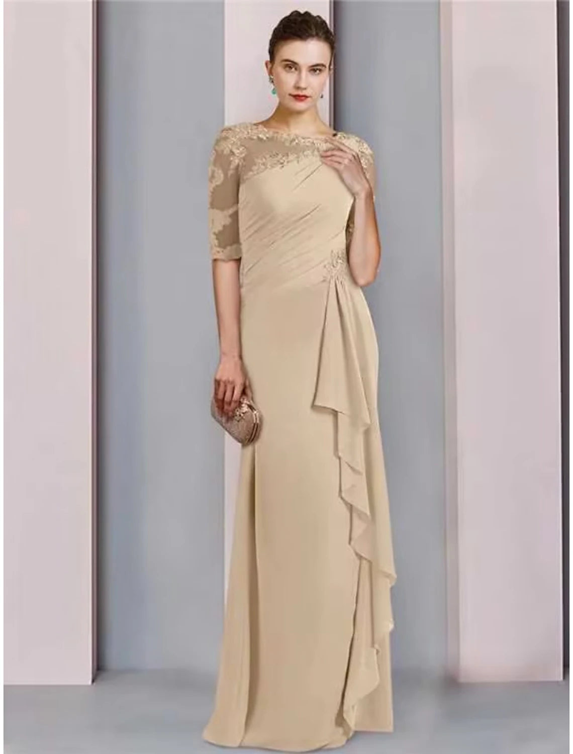 Vestido de Madre de la Novia con Corte en Columna, Elegante, Escote Redondo, Largo hasta el Suelo, Gasa, Media Manga con Volantes de Encaje, Fruncido