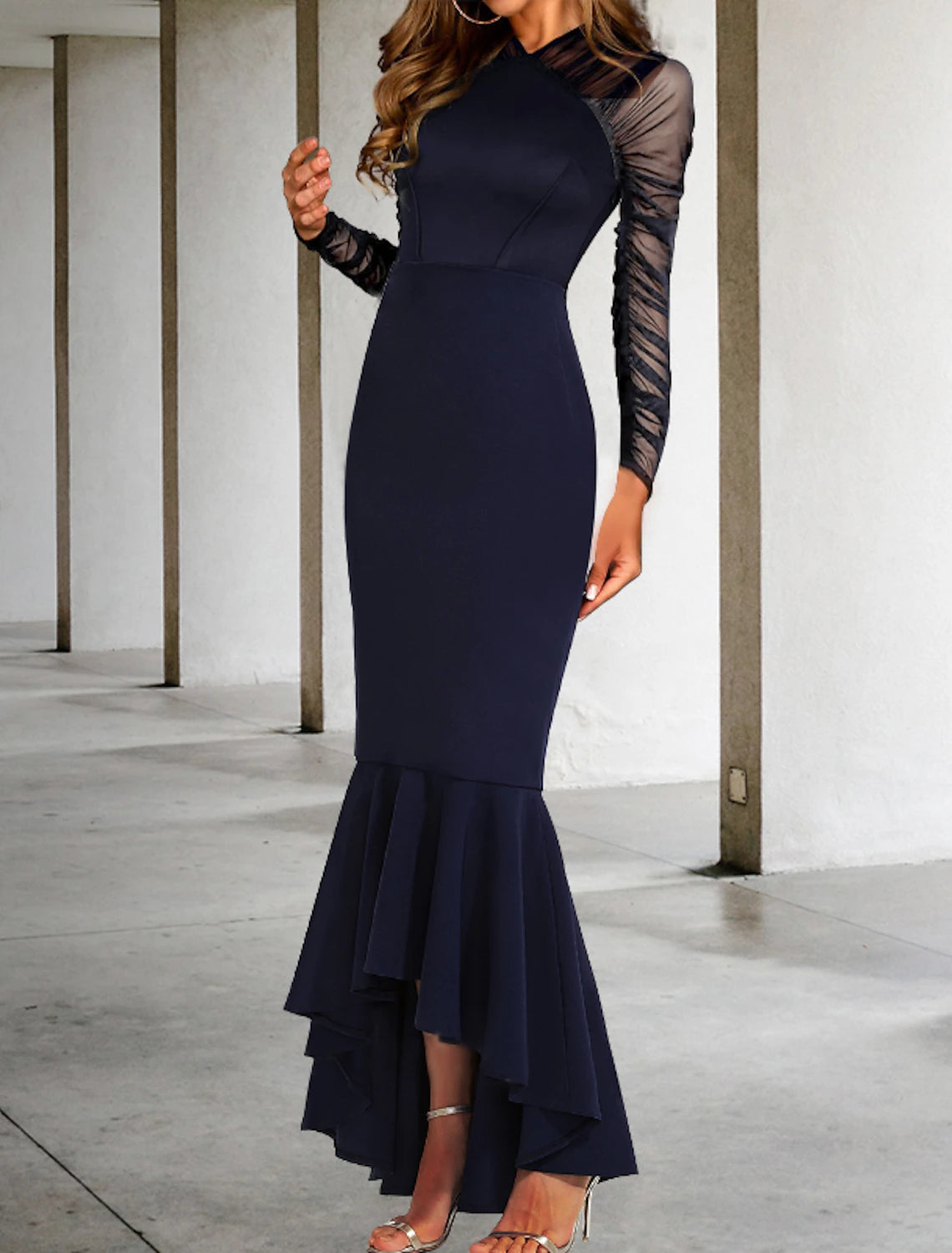 Mermaid / Trumpet Prom Dresses Elegant Dress Formal Wedding Guest Asymmetrical Long Sleeve V Neck  Fabric with Ruched Ruffles 2025