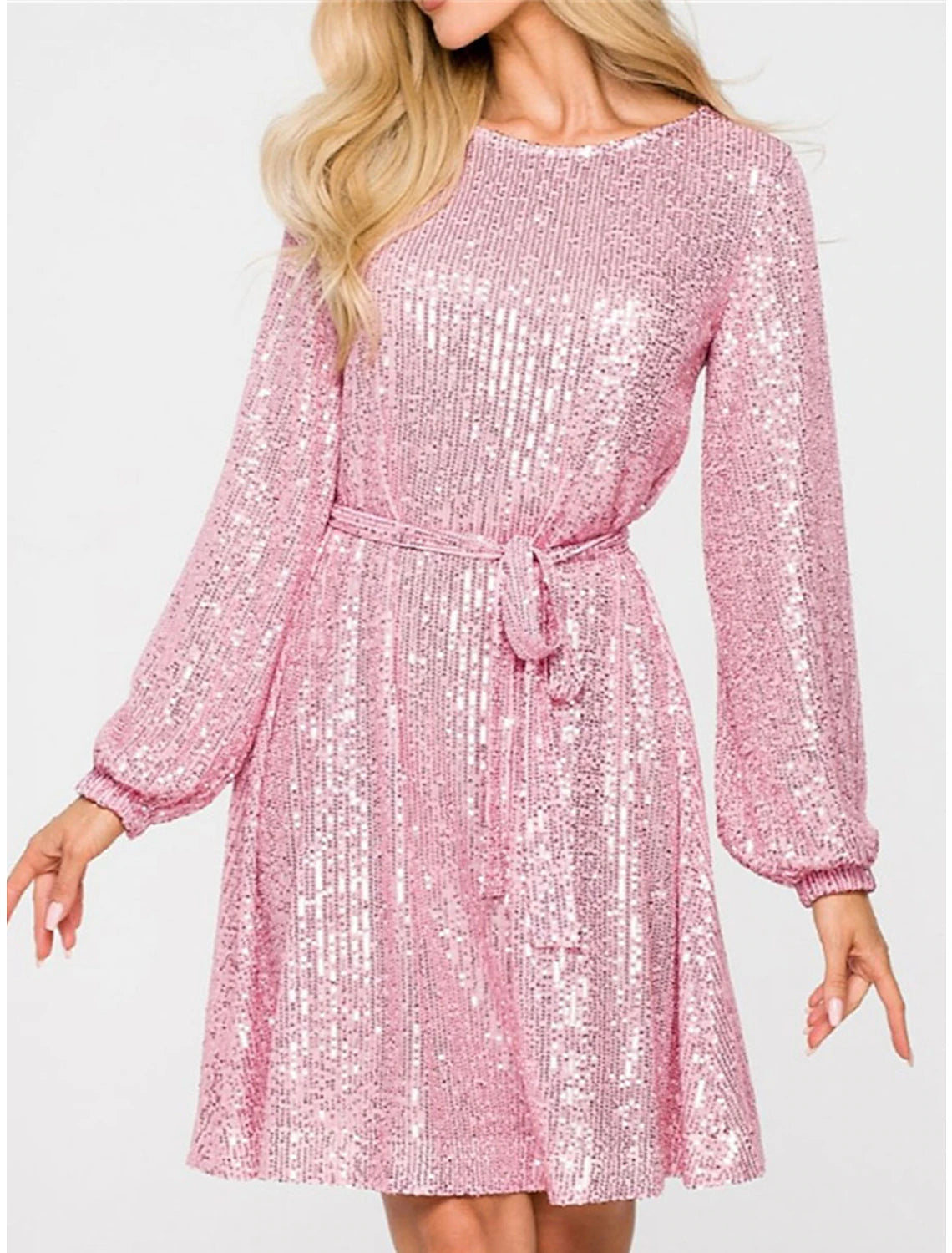 Abito da donna con paillettes nere, abito da festa, abito scintillante, abito da ballo, abito da cocktail, abito midi, nero champagne, manica lunga, glitter scintillanti, con lacci, autunno inverno, girocollo, da invitata a nozze