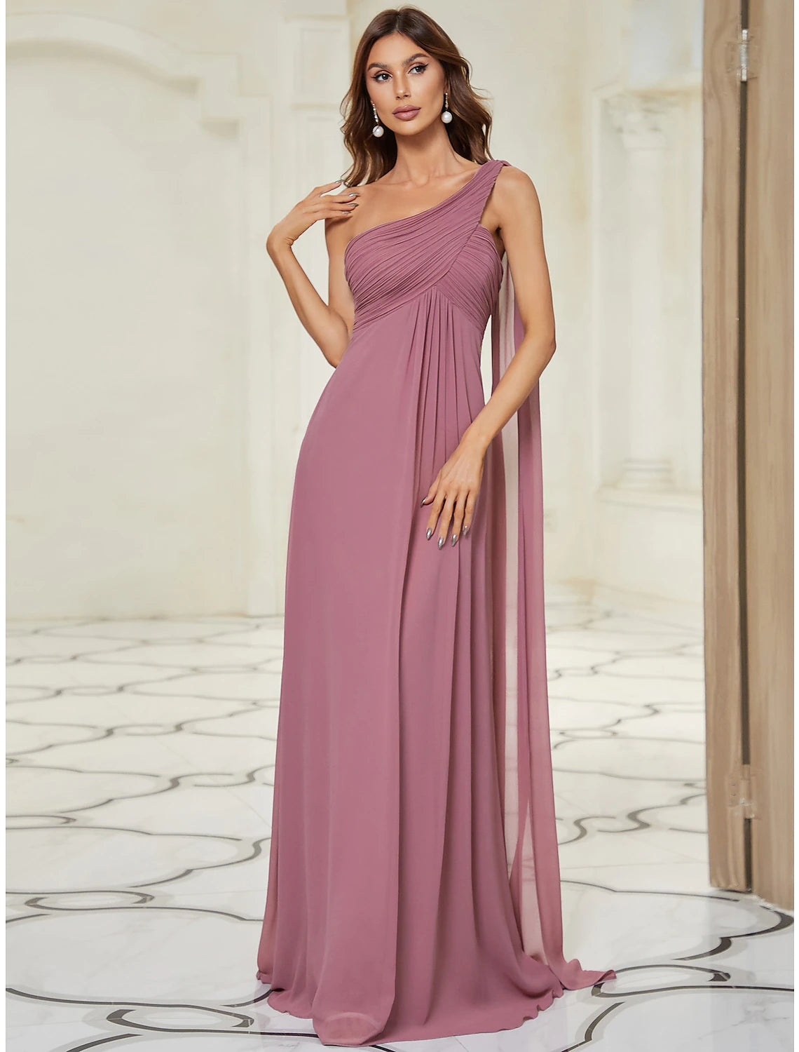 Royal Blue One Shoulder Pleated A-Line Chiffon Floor-Length Bridesmaid Dress