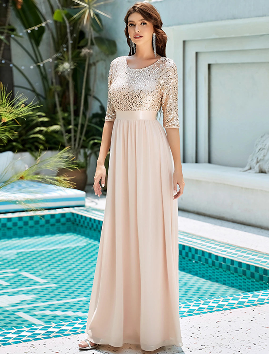 Abito da cerimonia per la madre della sposa, a trapezio, elegante, con scollo gioiello, lunghezza al pavimento, in tulle con paillettes, manica a 3/4, con paillettes, taglie forti