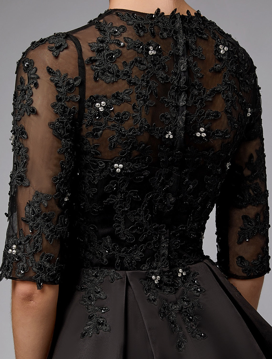 Vestido de sirena/trompeta para madre de la novia, sexy, transparente, con escote joya, cola larga/cepillo, encaje satinado, media manga con apliques de cuentas