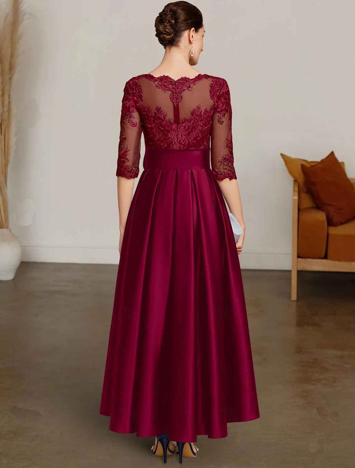 Burgundy Lace Satin A-Line High-Low Evening Dress with Lace Bodice, High-Low Hem & Bow Waist