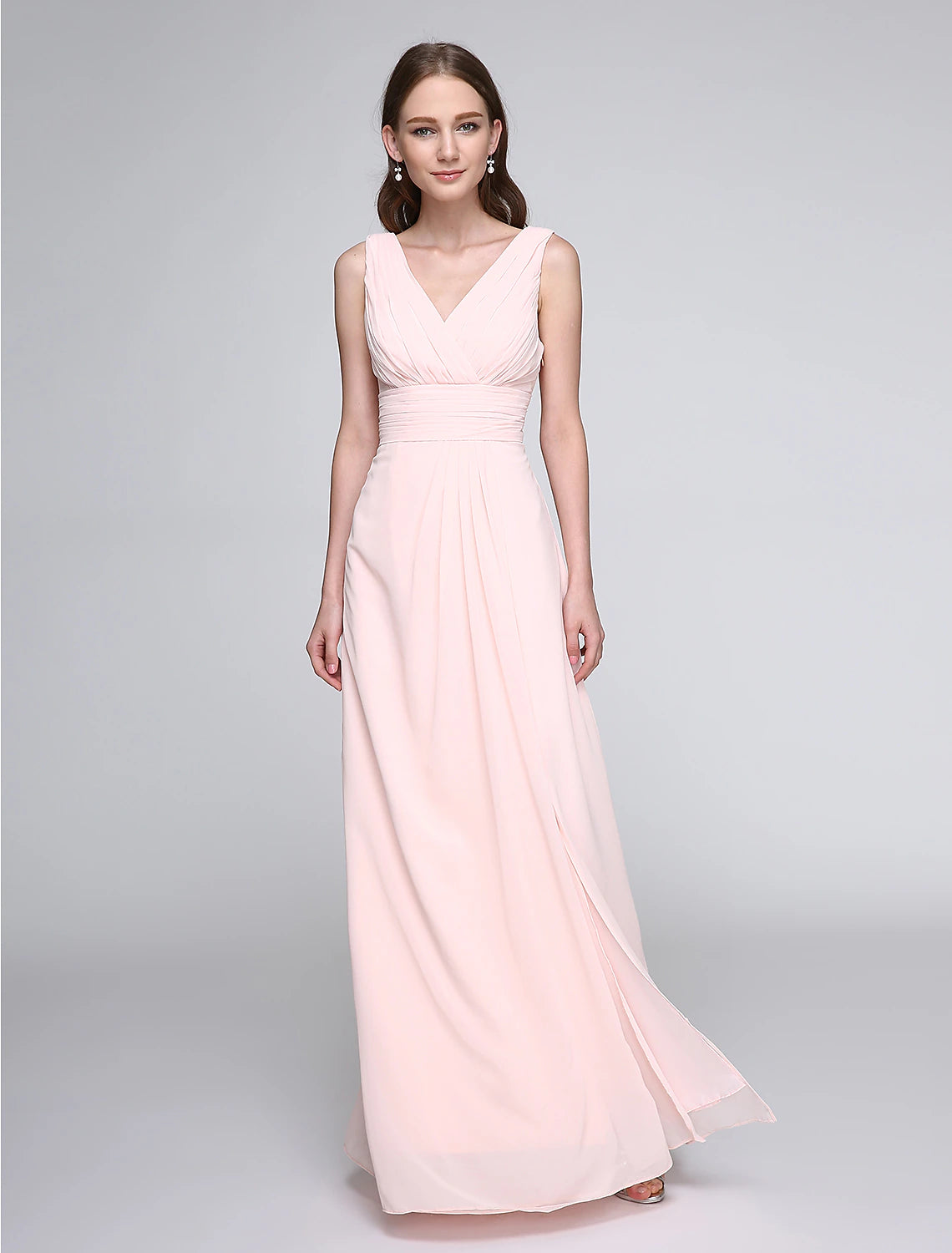 Abito da damigella d'onore a tubino/colonna, scollo a V, senza maniche, elegante, lunghezza pavimento, in chiffon con incrocio/arricciatura