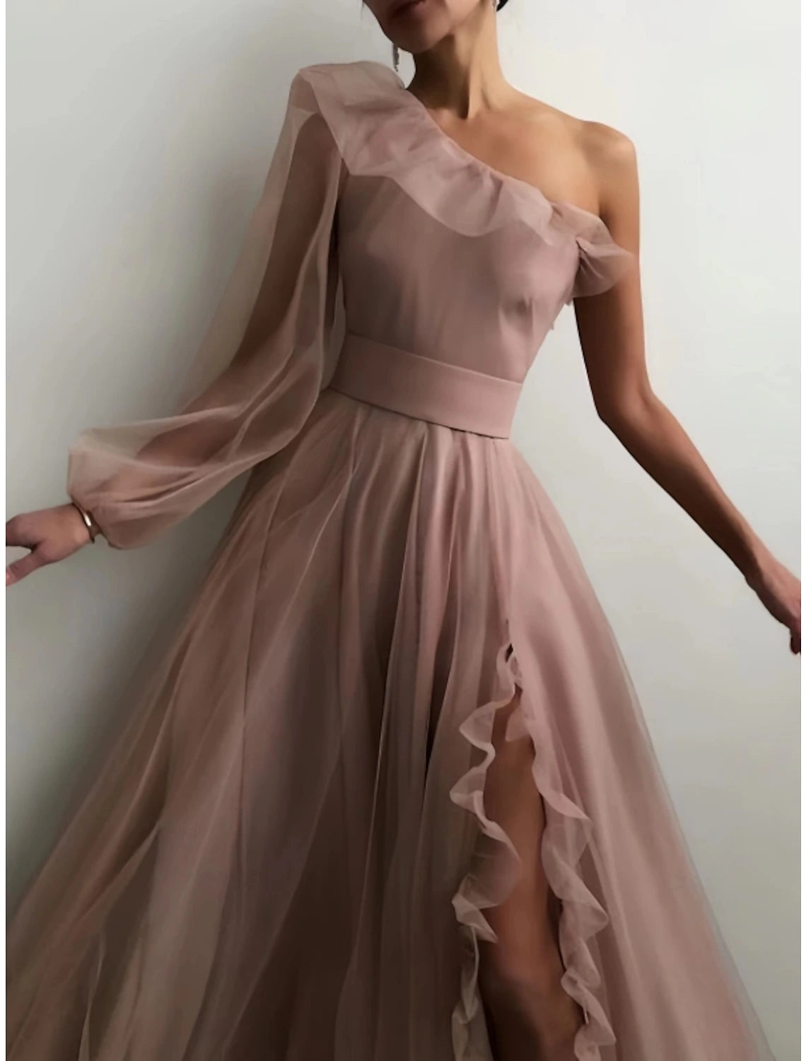 Blushing Pink Chiffon A-Line Floor-Length One Shoulder Bridesmaid Dress with Ruffled Slit