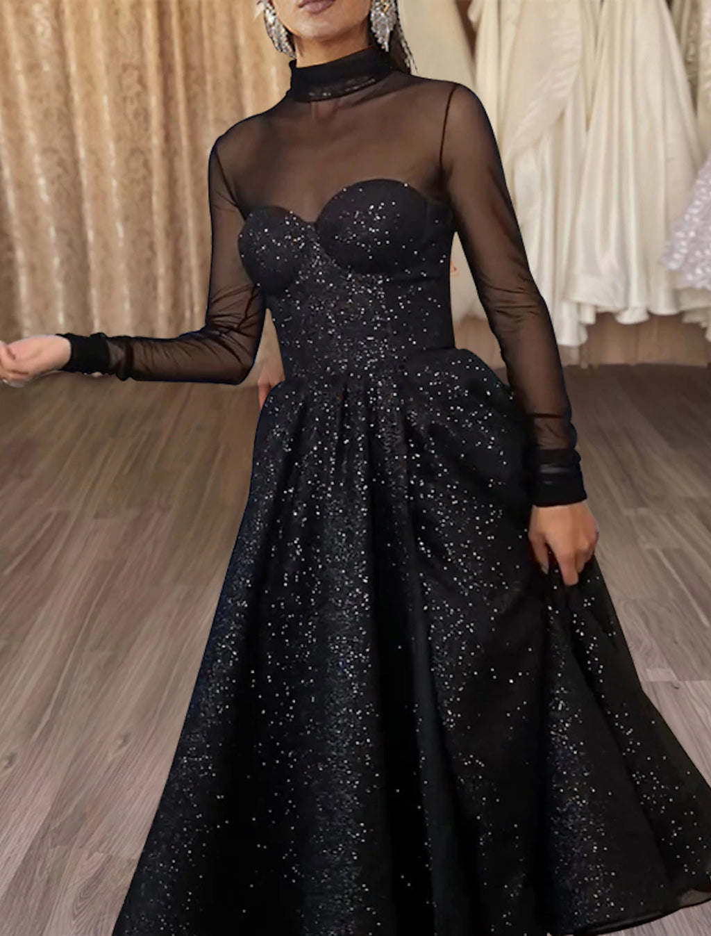 Vestidos de cóctel de corte A, elegantes vestidos de fiesta, hasta la rodilla, manga larga, cuello alto, estilo Miércoles de la Familia Addams, tul con abertura con purpurina.