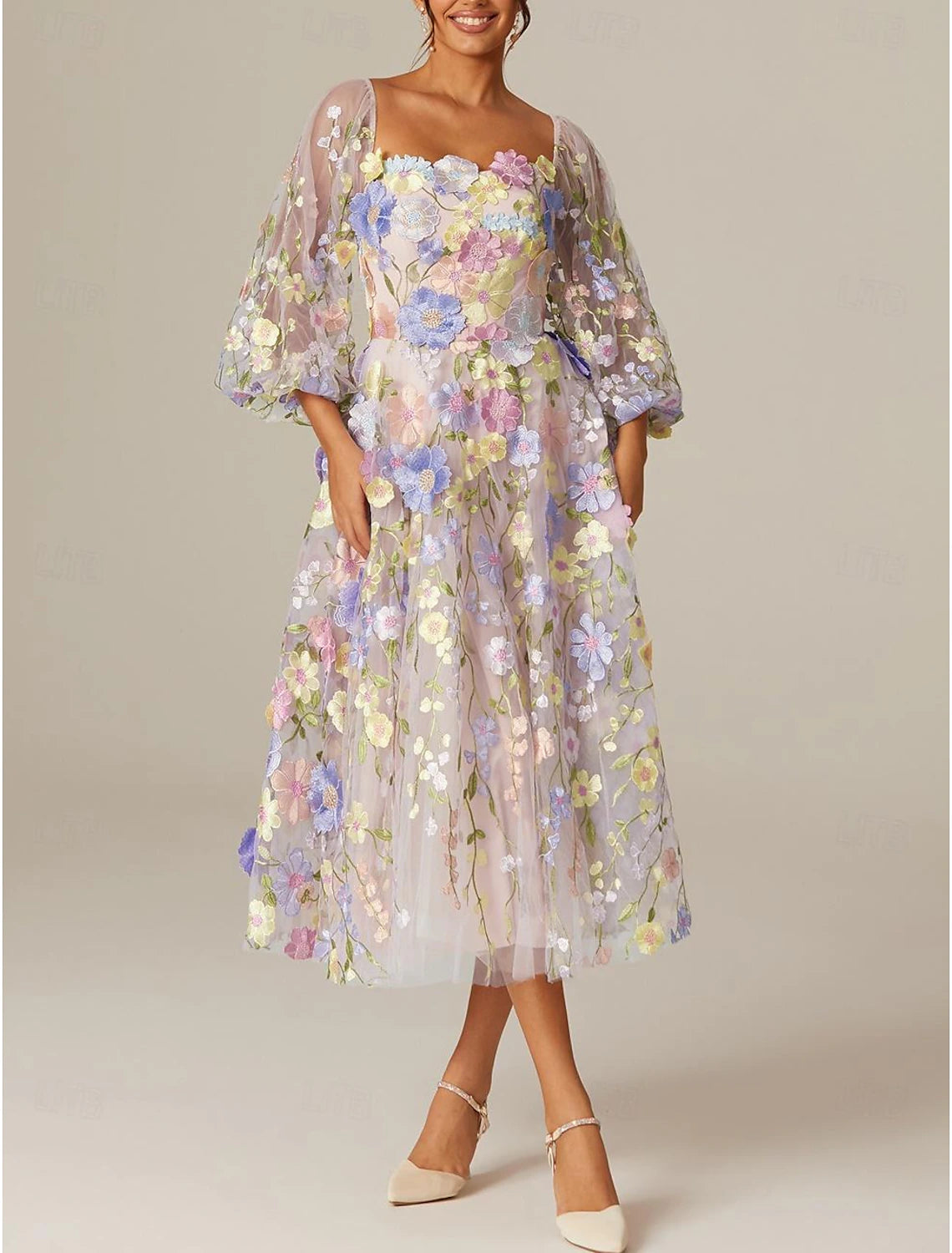 A-Line Prom Dresses Vintage Dress Valentine's Day Prom Tea Length Long Sleeve Square Neck Tulle with Appliques