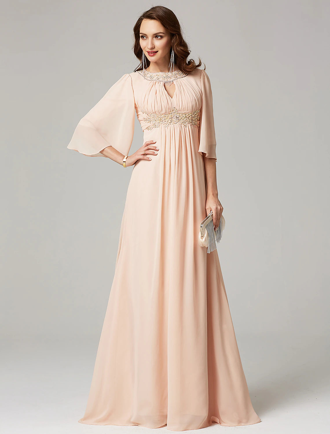 Blushing Pink Beaded Keyhole Neck A-Line Chiffon Floor-Length Gown