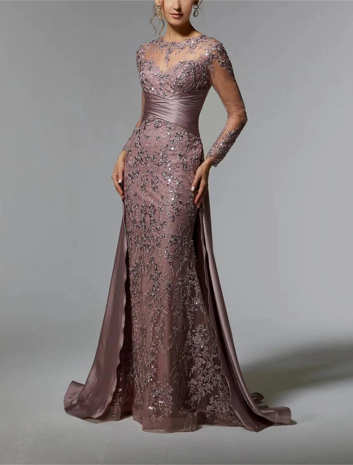 Mermaid / Trumpet Mother of the Bride Dress Wedding Guest Elegant Jewel Neck Sweep / Brush Train  Satin Long Sleeve with Lace Sequin Ruching