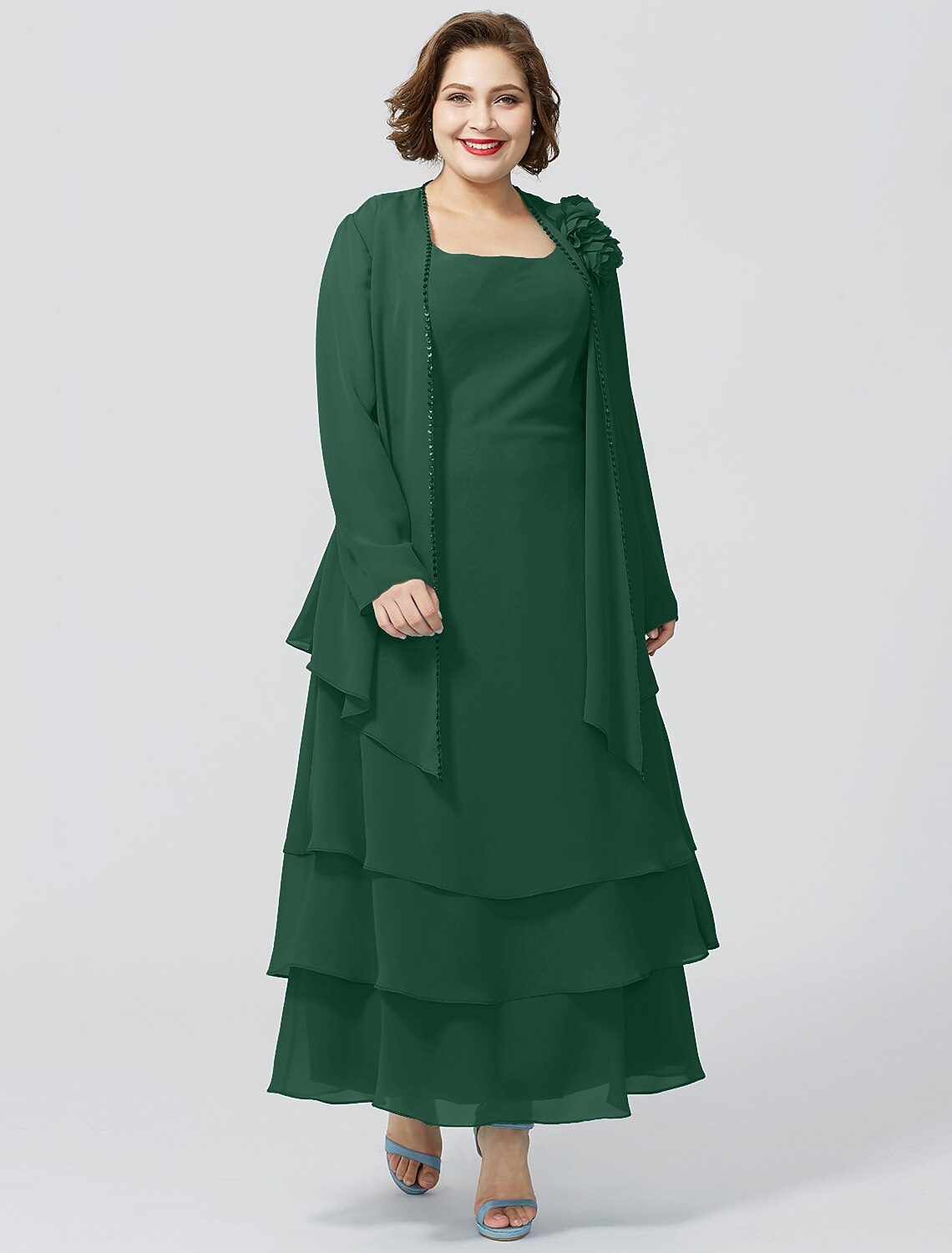 Abito da madre della sposa a trapezio, elegante, taglie forti, con scollo a barchetta, lunghezza alla caviglia, in chiffon, senza maniche, con pizzo