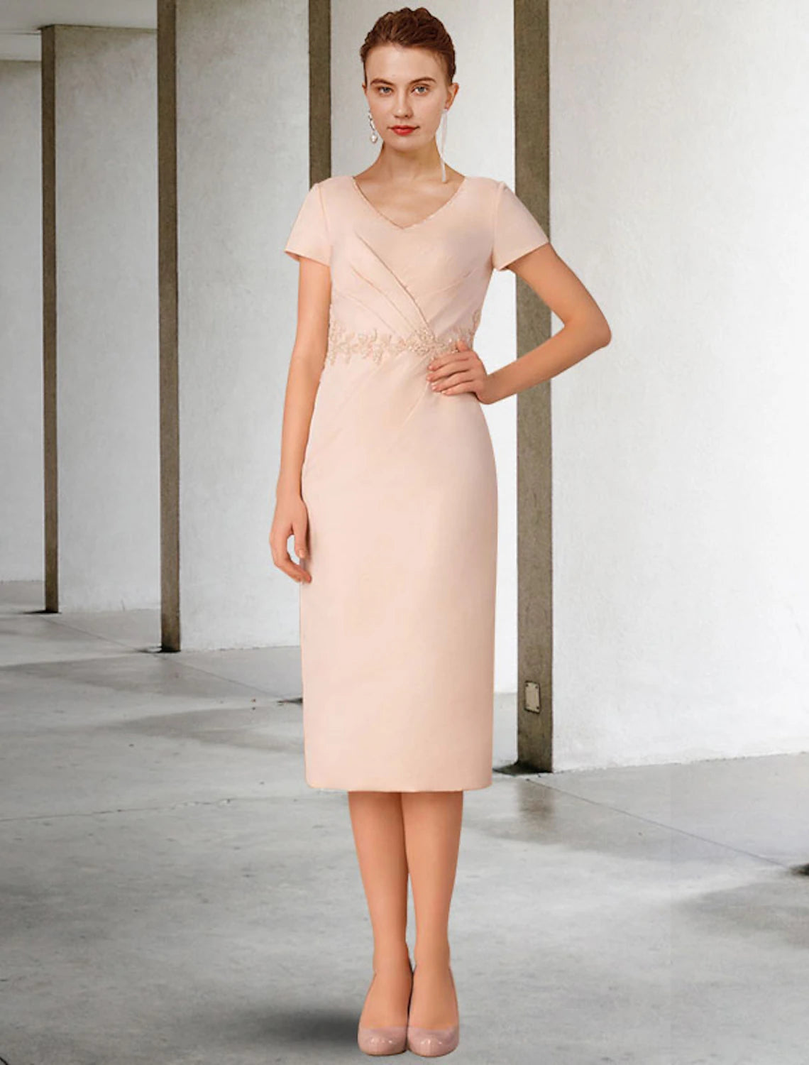 Vestido de Madre de la Novia de Dos Piezas con Corte en Columna/Iglesia Elegante de Invierno con Chaqueta Manga Corta Escote en V Largo hasta la Rodilla Encaje Gasa Apliques Lateral Drapeado