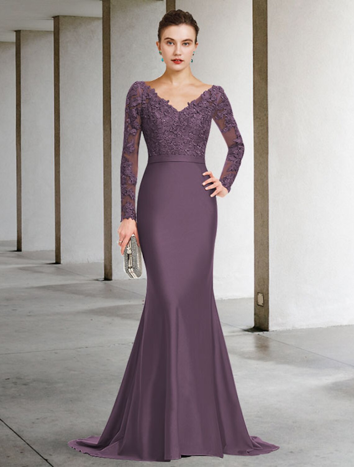 Vestido elegante de sirena/trompeta para madre de la novia, escote en V, cola larga de gasa con encaje y apliques