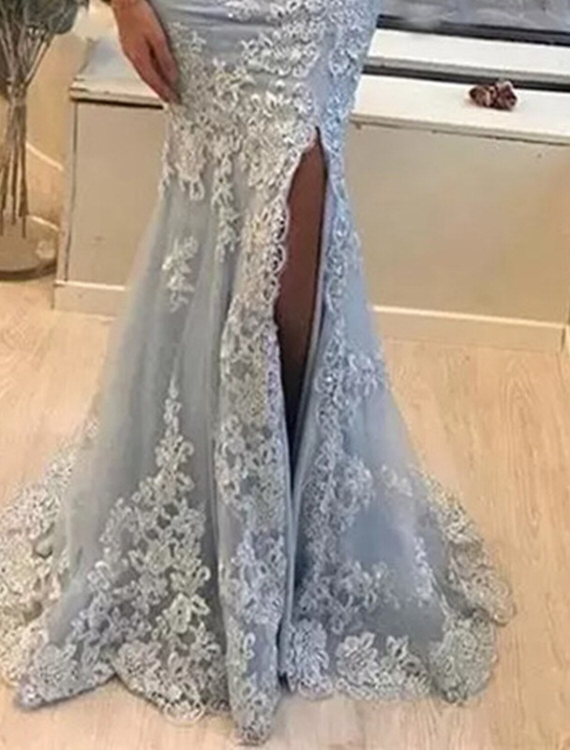 Dusty Blue Sweetheart Mermaid Floor-Length Gown with Lace Appliques & High Slit