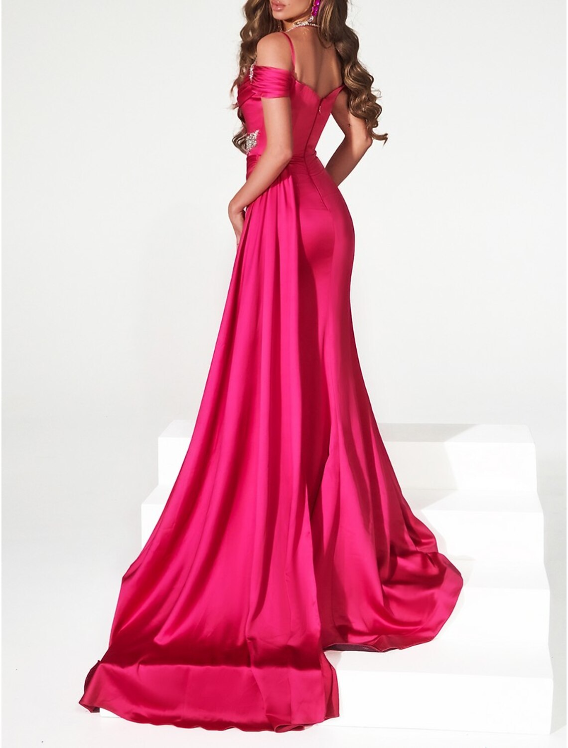 Mermaid / Trumpet Evening Gown Sparkle & Shine Dress Prom Summer Court Train Sleeveless Off Shoulder  Satin with Rhinestone Slit