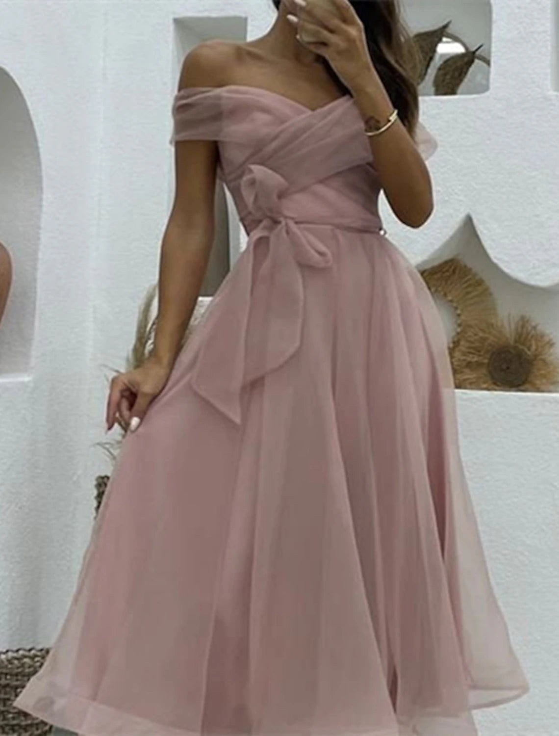 Green Tulle A-Line Tea-Length Bridesmaid Dress