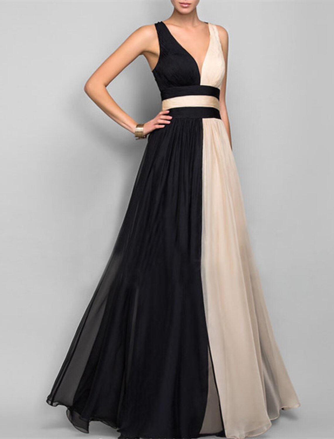 Vestido de noche de corte A con bloques de color, para recepción de boda, largo hasta el suelo, sin mangas, cuello en V, de gasa con fruncido