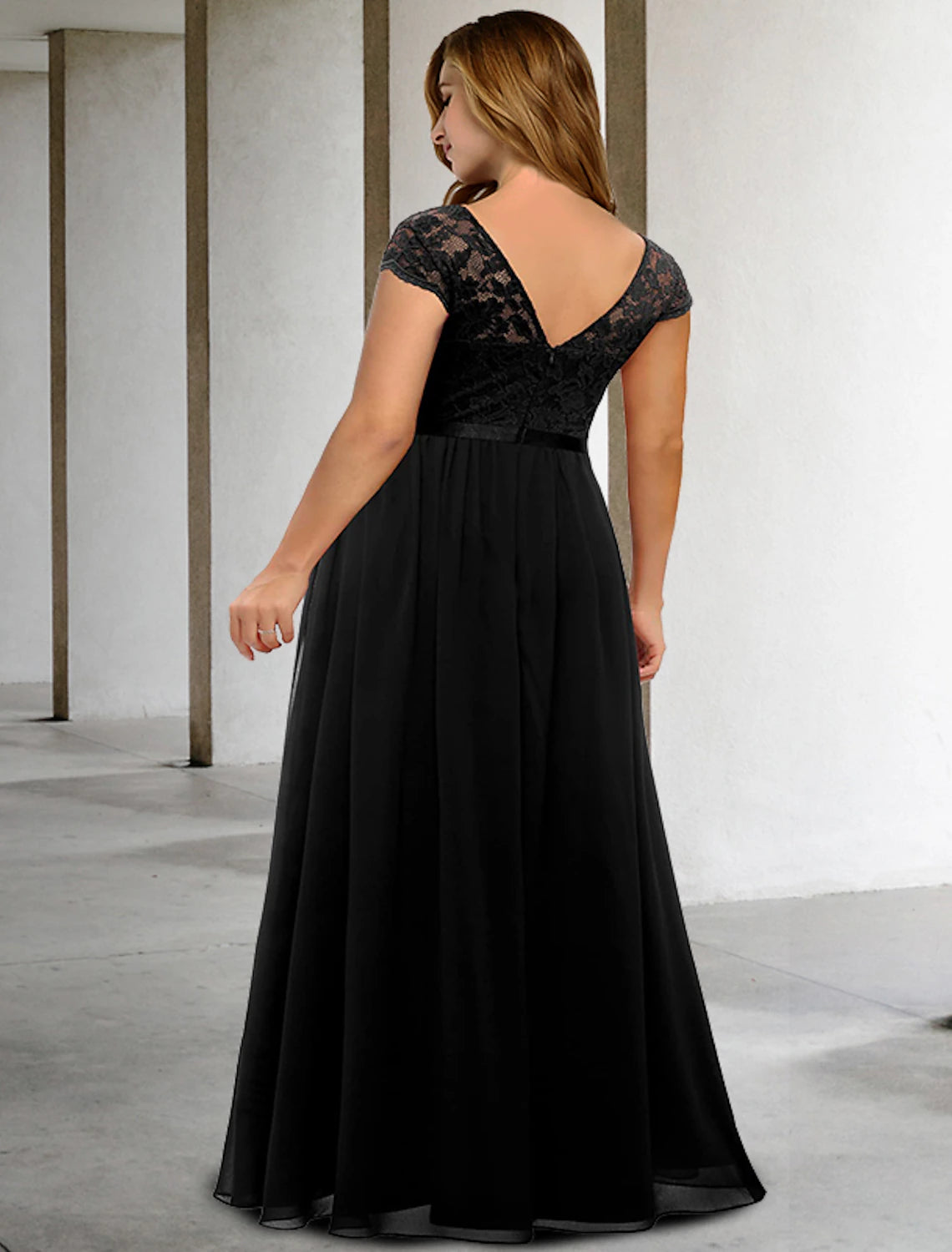 Vestidos de Madre de la Novia de Corte A, Talla Grande, Ocultar la Curva del Vientre, Vestido Elegante, Formal, Largo hasta el Suelo, Manga Corta, Cuello en V, Gasa con Pliegues y Apliques
