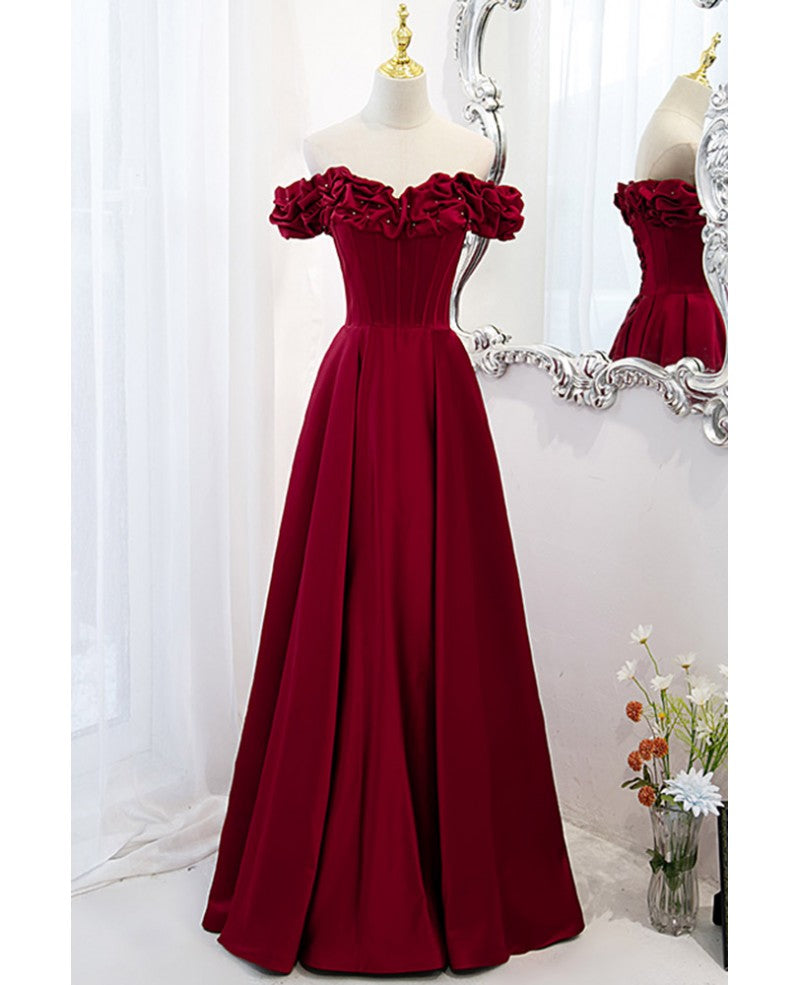 Noble and elegant wine red sleeveless off shoulder beaded ball dress with wine red A-shaped backless strap and ground length ruffled hem prom dress
