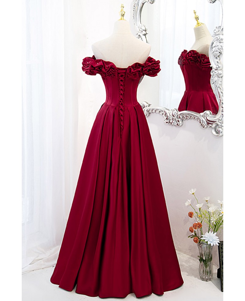 Noble and elegant wine red sleeveless off shoulder beaded ball dress with wine red A-shaped backless strap and ground length ruffled hem prom dress