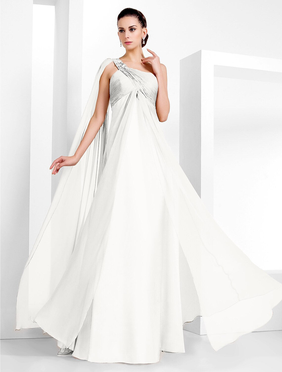 Champagne Chiffon A-Line Floor-Length Evening Dress with One Shoulder & Beaded Strap
