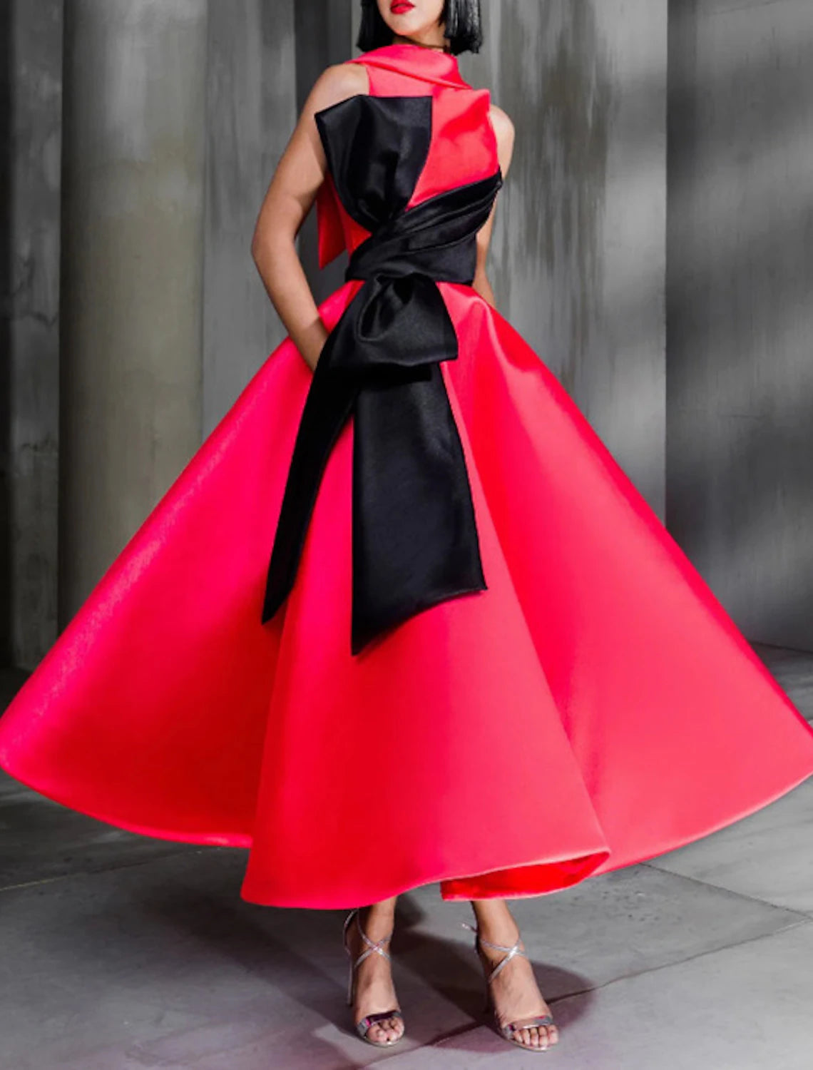Ball Gown Color Block Celebrity Style Elegant Prom Formal Evening Birthday Dress Christmas Red Green Dress High Neck Sleeveless Ankle Length Satin with Bow(s) 2025