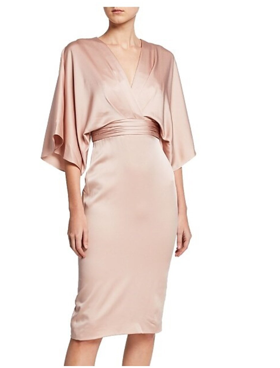 Abito da cocktail per feste e compleanni, stile tubino/colonna, minimalista, con scollo a V, mezza manica, lunghezza al ginocchio, in raso con fascia/nastro