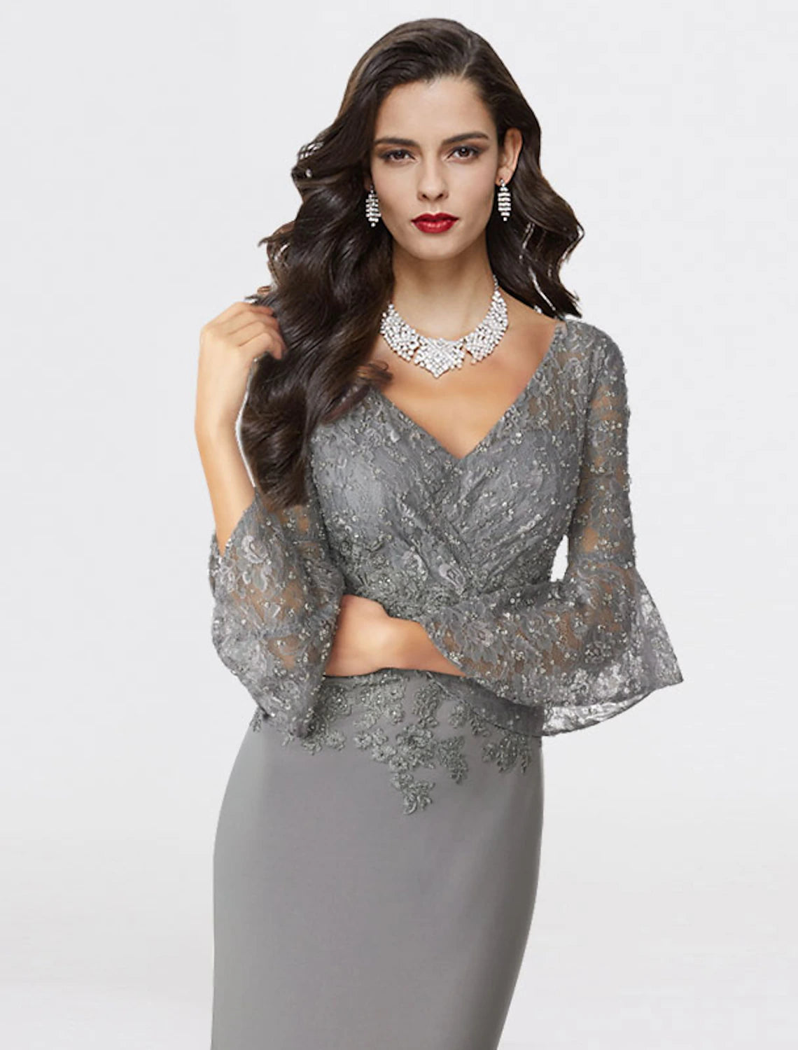 Vestido de sirena/trompeta para madre de la novia, talla grande, elegante, escote en V, cola larga/cortada, de gasa, encaje, manga 3/4 con apliques de lentejuelas