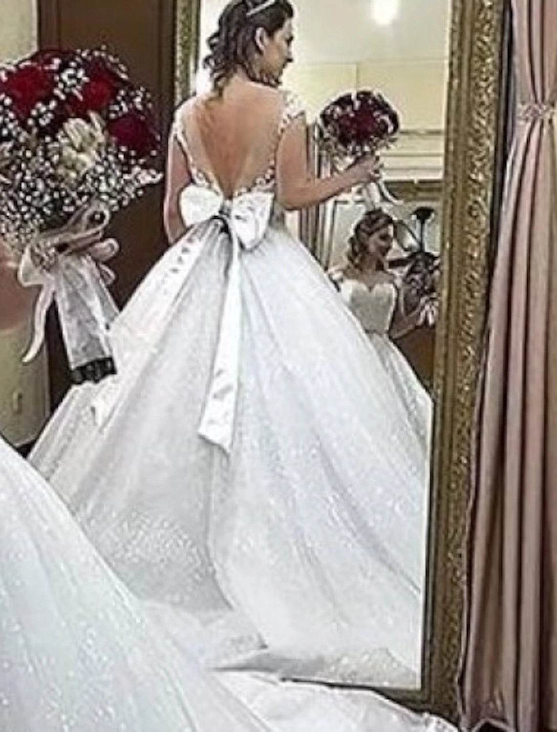 Vestidos de novia formales de compromiso, vestido de baile, cuello ilusión, manga corta, cola de corte, vestidos de novia de encaje con apliques de lazo(s)