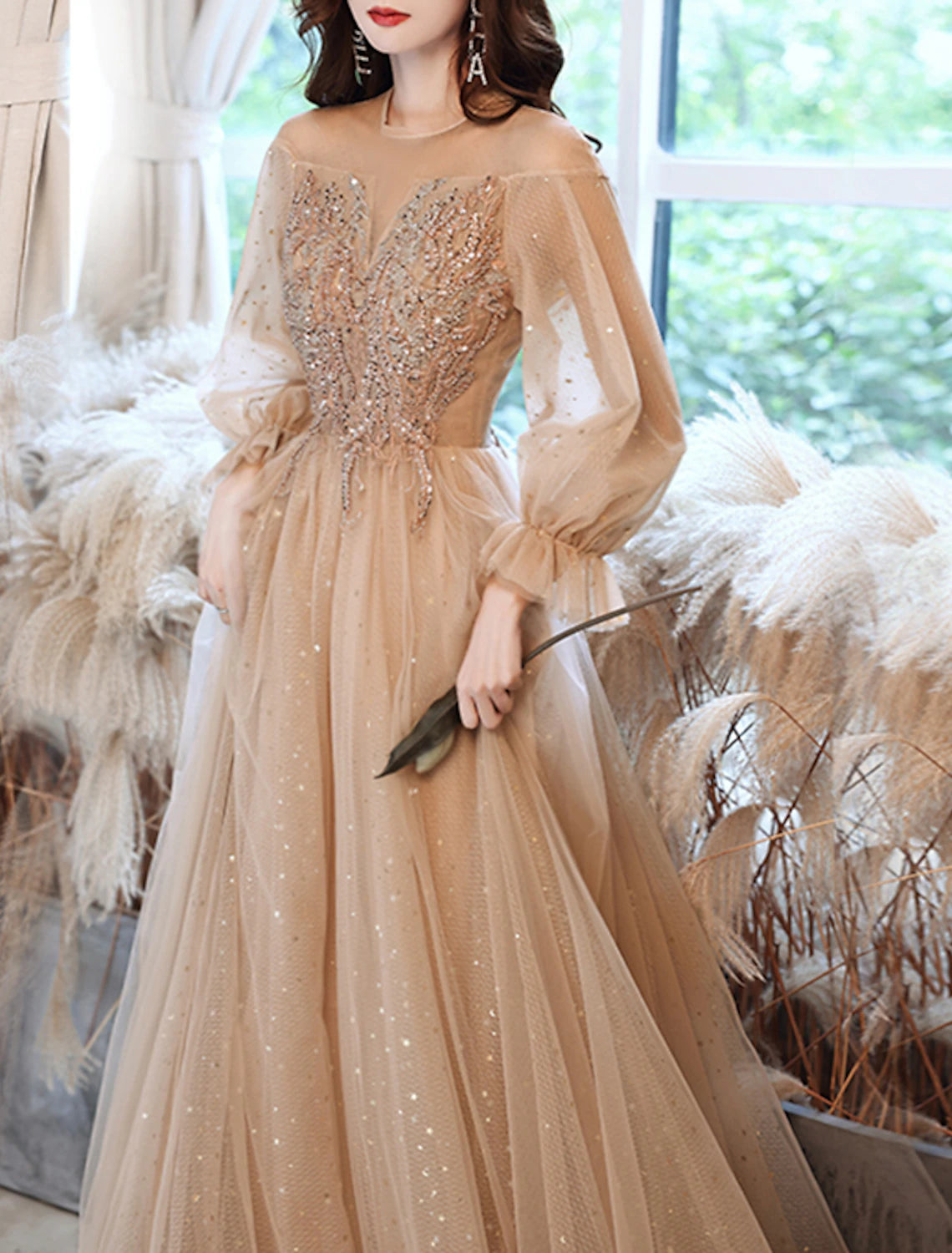 Abiti da ballo a trapezio, scintillanti e brillanti, per invitati a nozze, lunghezza al pavimento, maniche lunghe, scollo gioiello, pizzo con applicazioni di strass 2025