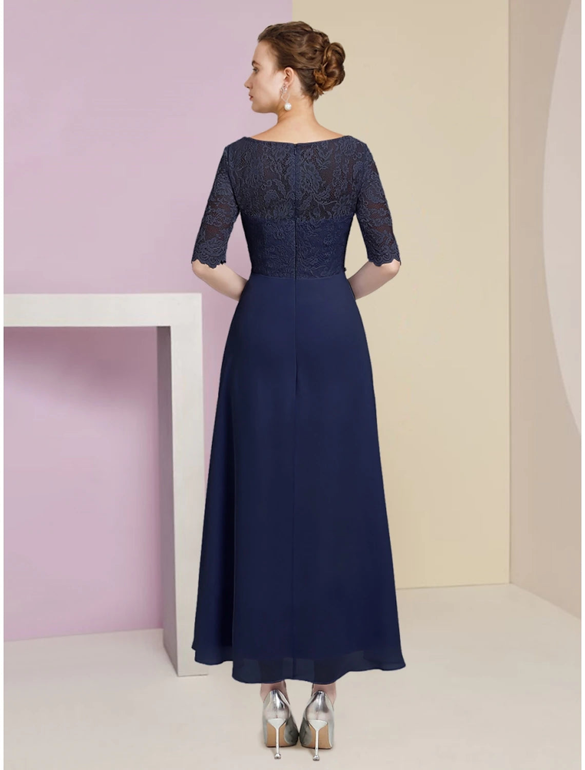 Dark Navy Chiffon Lace A-Line Tea-Length Dress with Scoop Neck and Beaded Belt