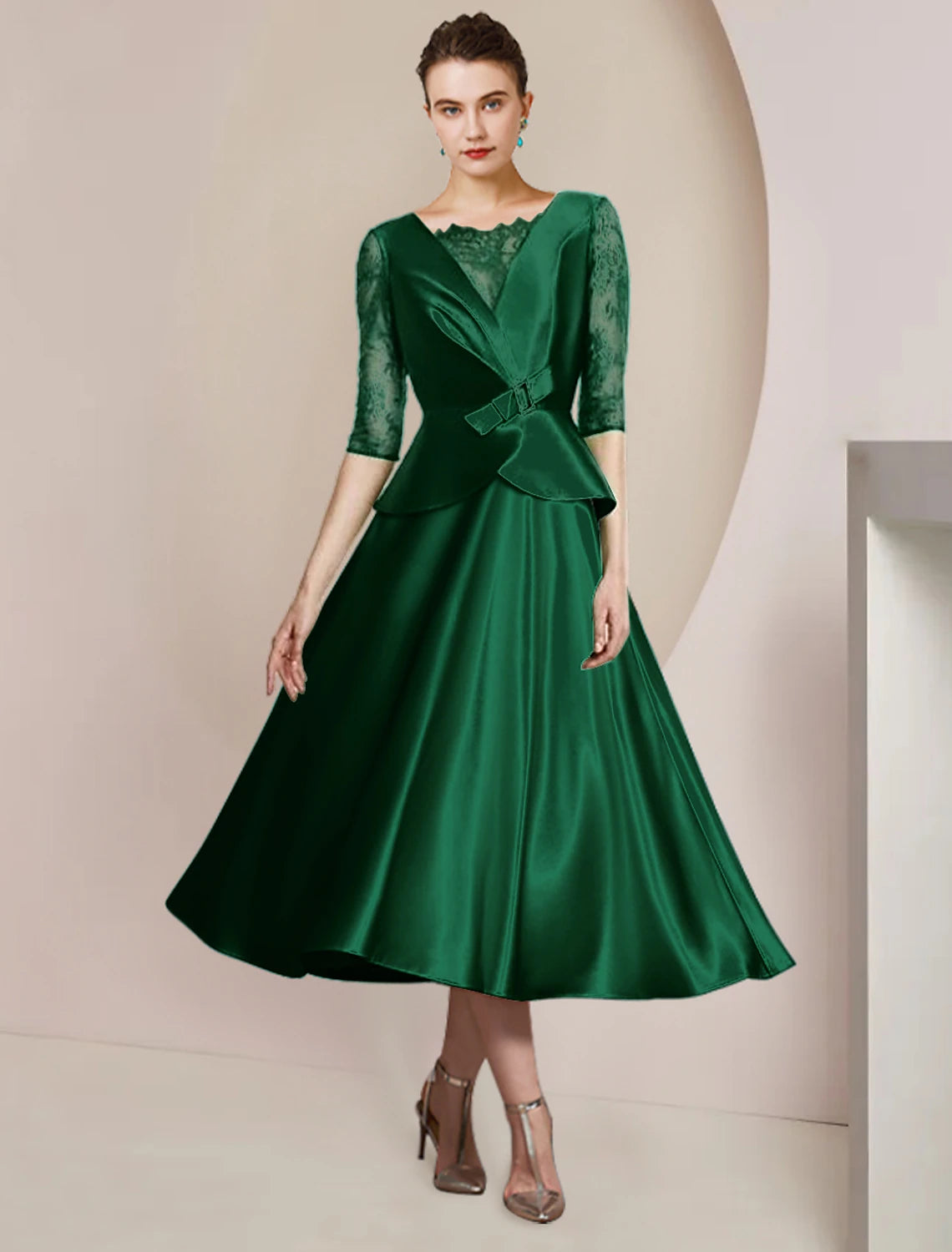 Emerald Satin A-Line Tea-Length Dress with Lace Sleeves and Peplum Waist