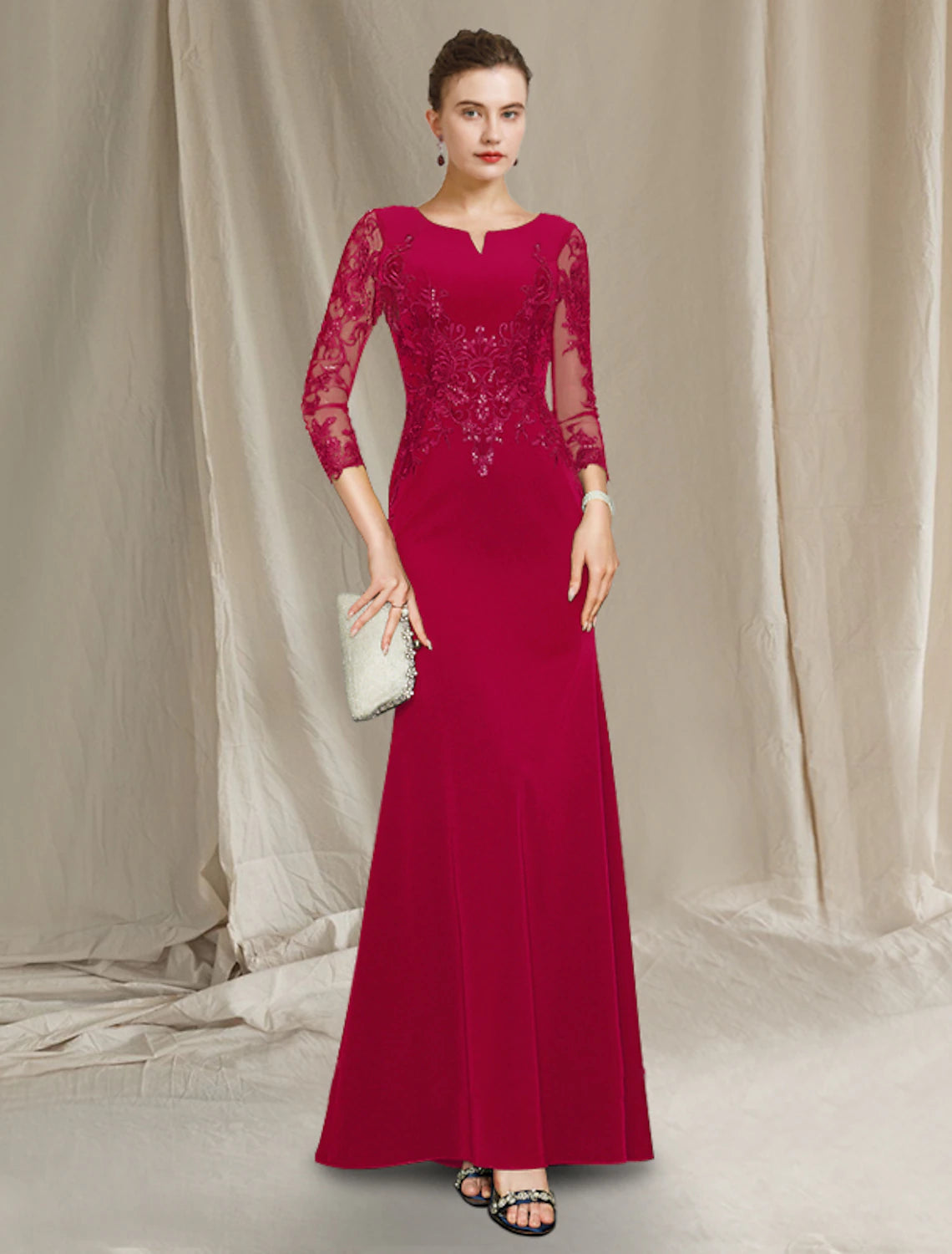 Vestido de madre de la novia con corte tubo/columna, elegante, escote joya, largo hasta el suelo, de gasa, encaje, manga corta con apliques de volantes de lentejuelas