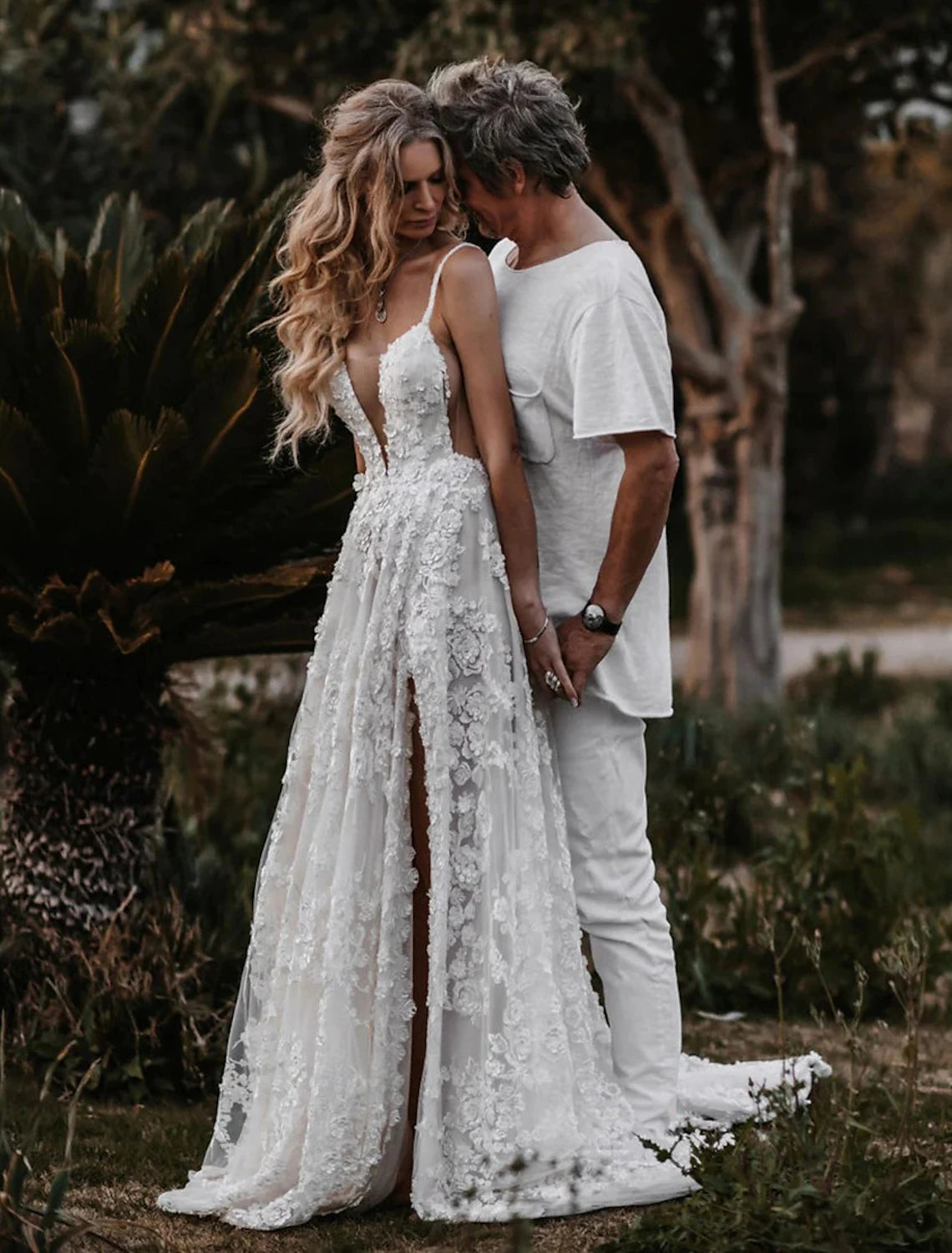 Ivory Lace A-Line Floor-Length Dress with Plunging V-Neck, High Slit & Floral Lace Appliques