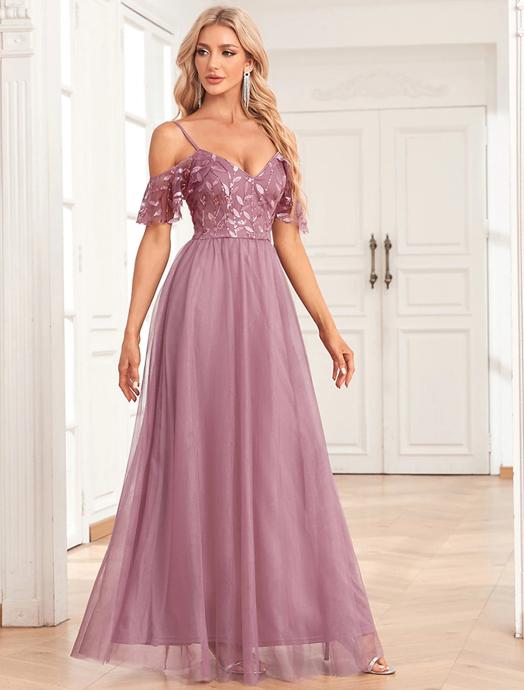 Dusty Rose Tulle A-Line Floor-Length Bridesmaid Dress
