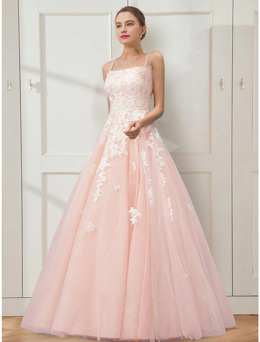 Blushing Pink Tulle A-Line Floor-Length Bridesmaid Dress with Lace Appliques