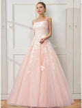 Blushing Pink Tulle A-Line Floor-Length Bridesmaid Dress with Lace Appliques