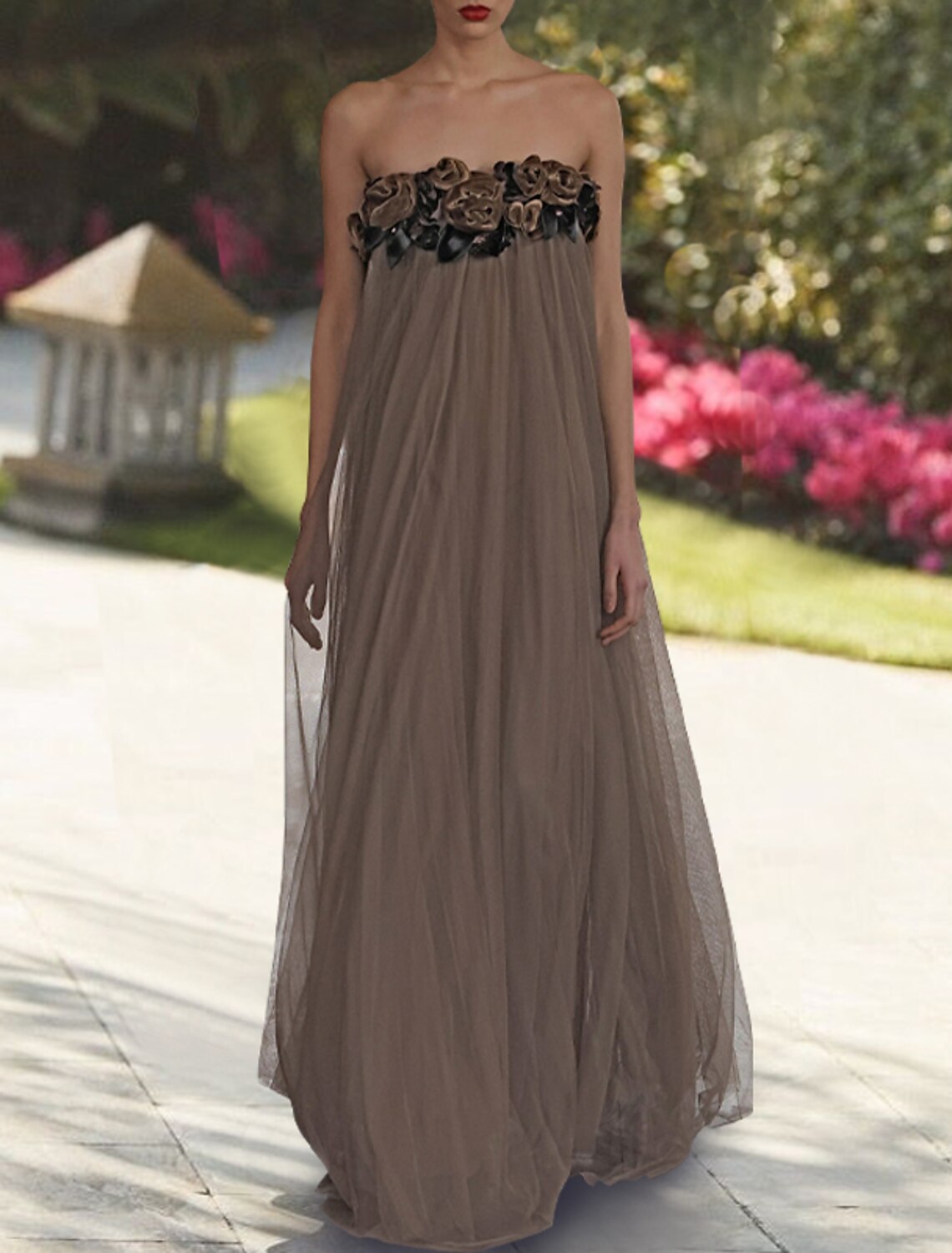 Mocha Chiffon A-Line Floor-Length Strapless Dress with 3D Florals | Bridesmaid & Evening Gown