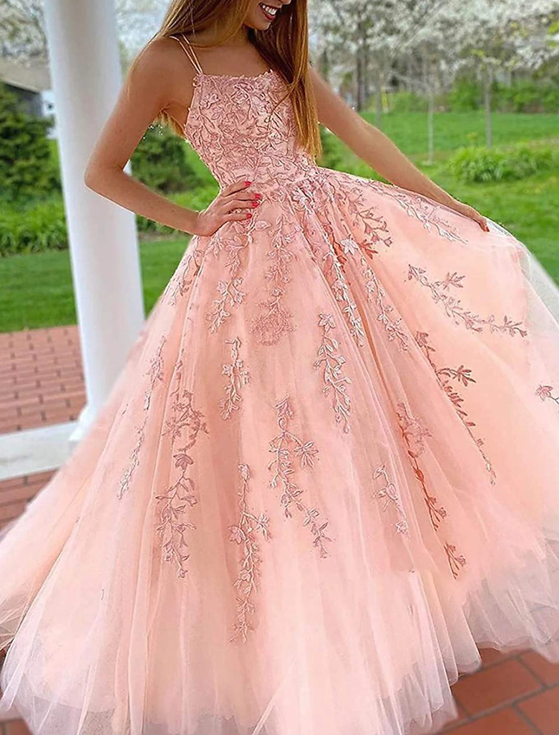 Vestidos de fiesta de corte A, vestido floral, vestido formal para invitados de boda, cola capilla, sin mangas, tirantes finos, tul con apliques