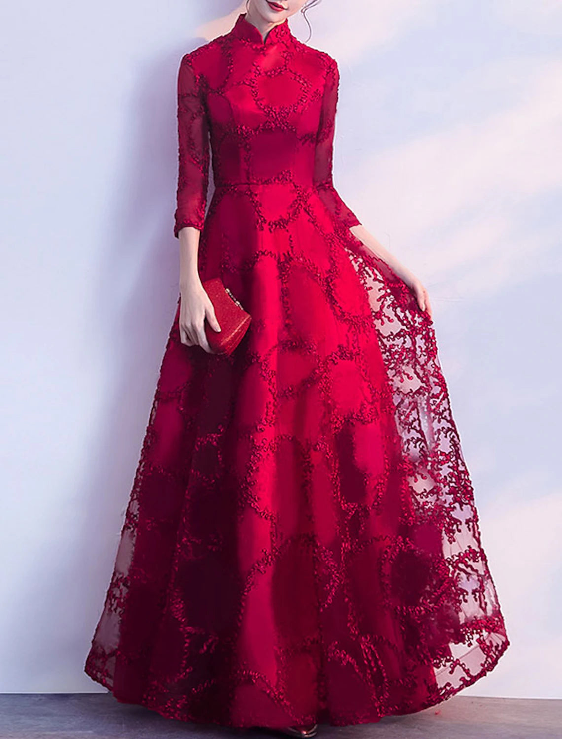 Abito da sera a trapezio, abito vintage, da invitata a nozze, da ballo, lunghezza al pavimento, maniche a 3/4, collo alto, tulle con applicazioni a pieghe