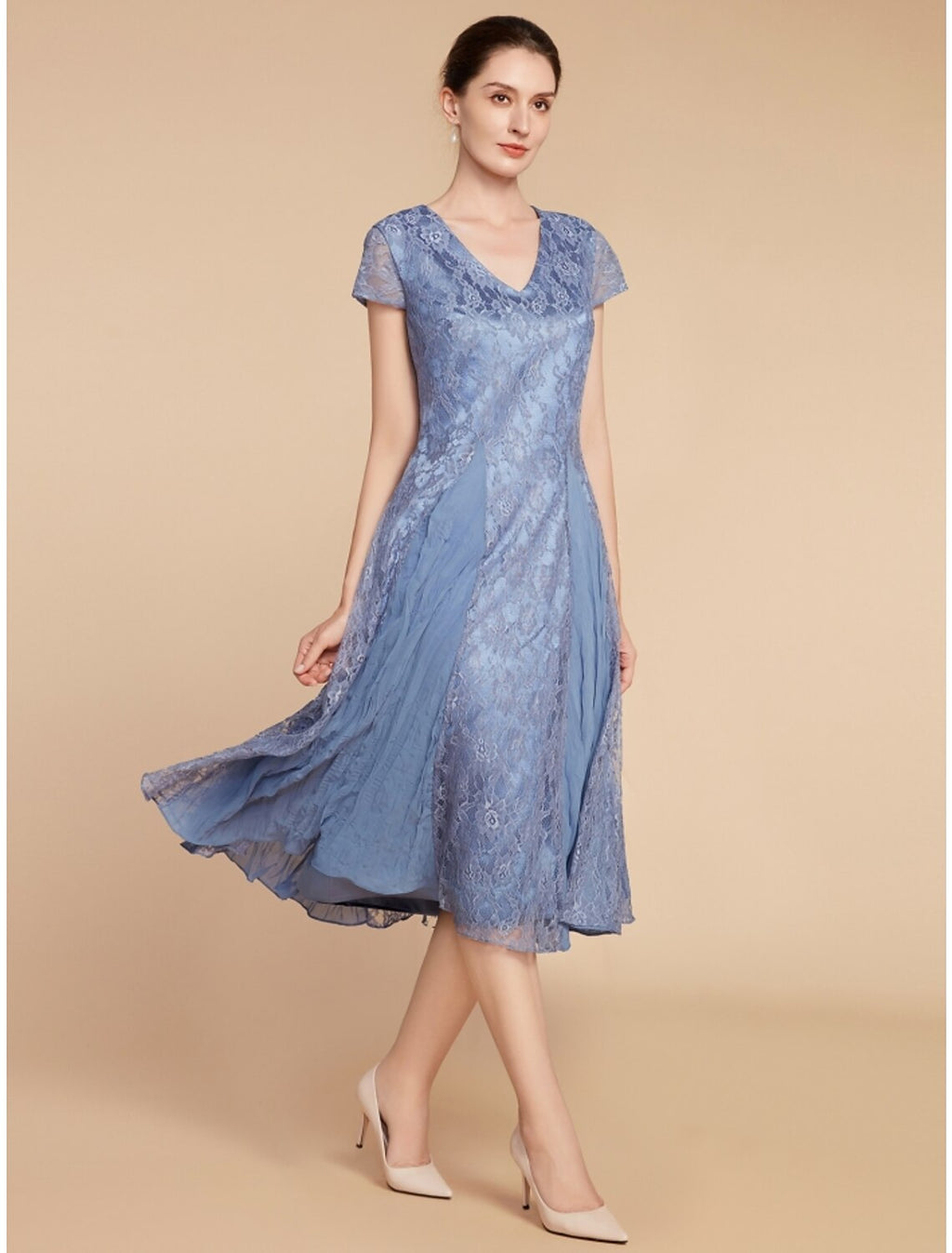Blue Lace V-Neck A-Line Tea-Length Evening Dress