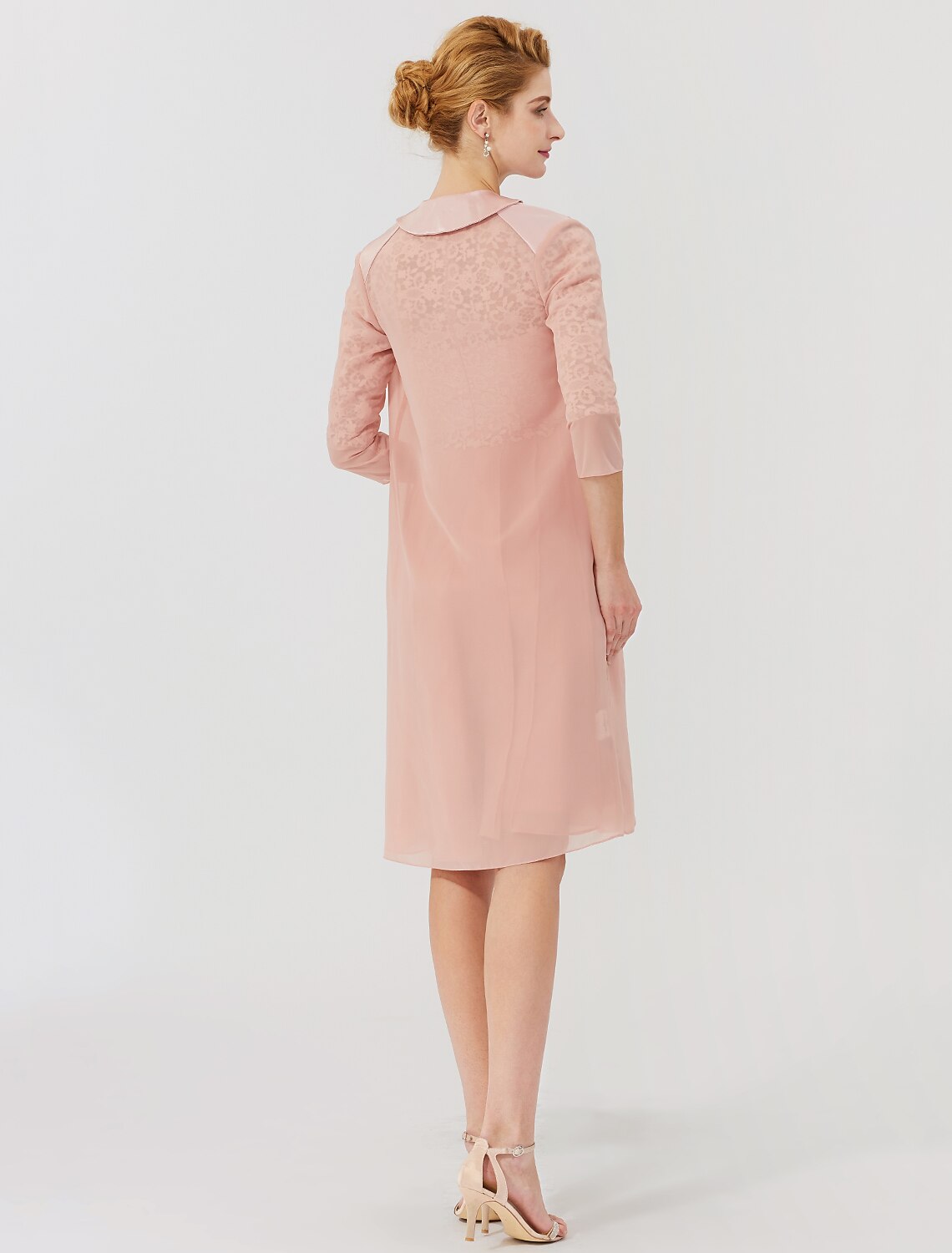 Vestido de baile para madre de la novia, formal, clásico y atemporal, elegante y lujoso, convertible, cuello ilusión, largo hasta la rodilla, gasa, encaje floral, manga 3/4 con broche de cristal