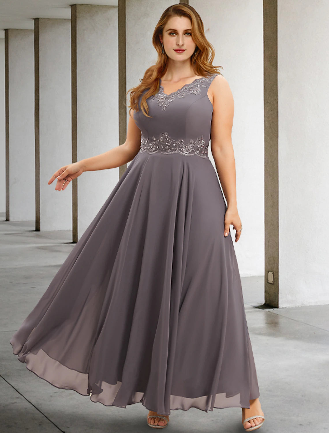 Vestido de novia de dos piezas, corte A, para invitados, talla grande, con barriga oculta, elegante, formal, largo hasta la rodilla, sin mangas, escote en V, de gasa con apliques