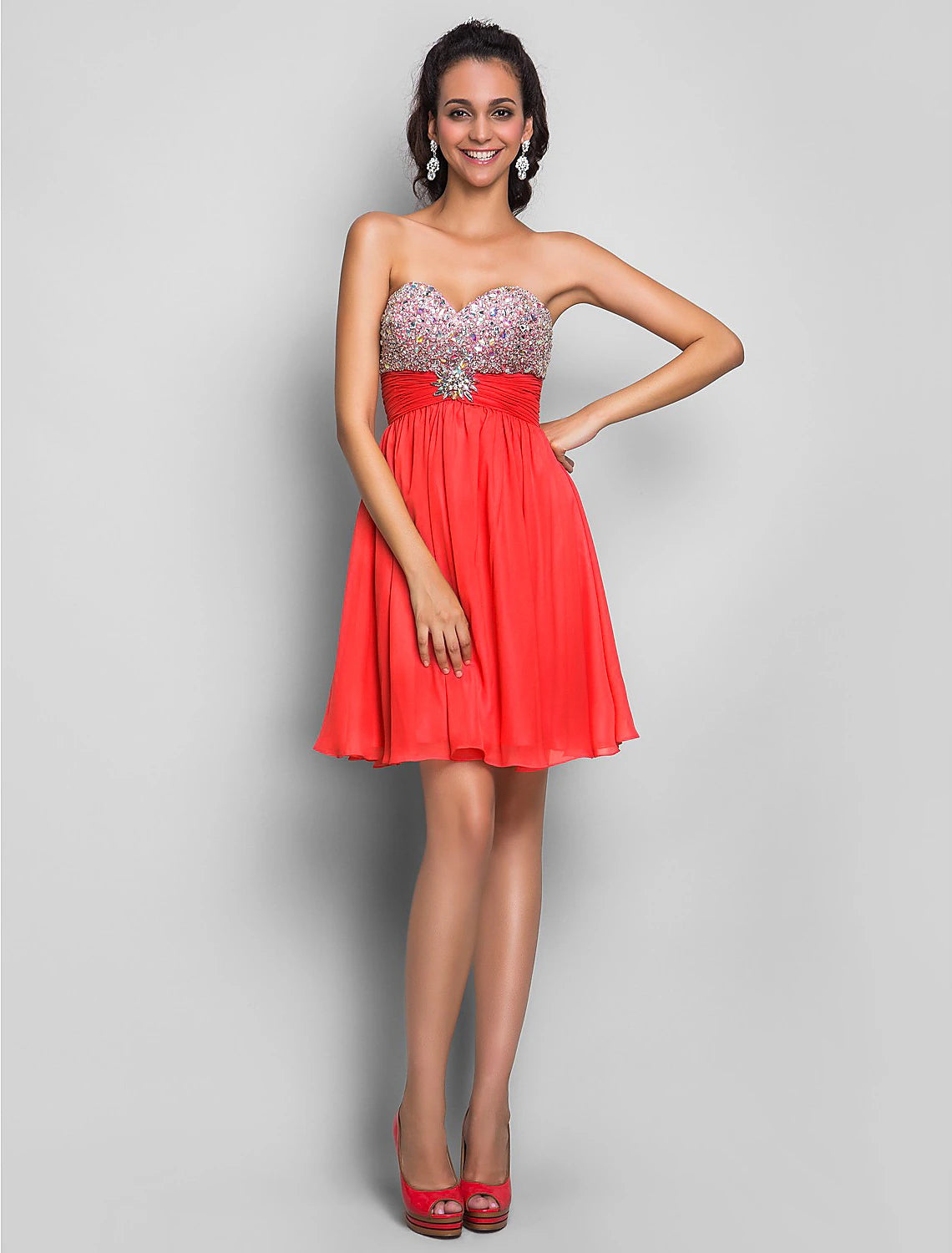 Coral Beaded Bodice A-Line Short Dress with Sweetheart Neckline