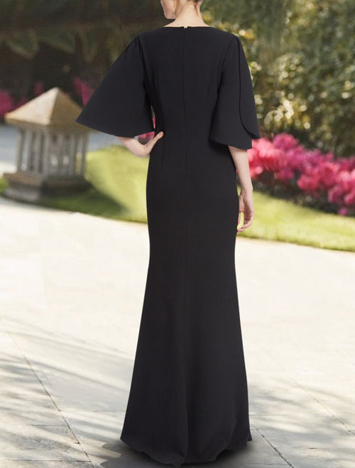 Vestido de noche estilo sirena/trompeta, minimalista, formal, para invitada de boda, largo hasta el suelo, manga 3/4, escote en V, de gasa con color puro