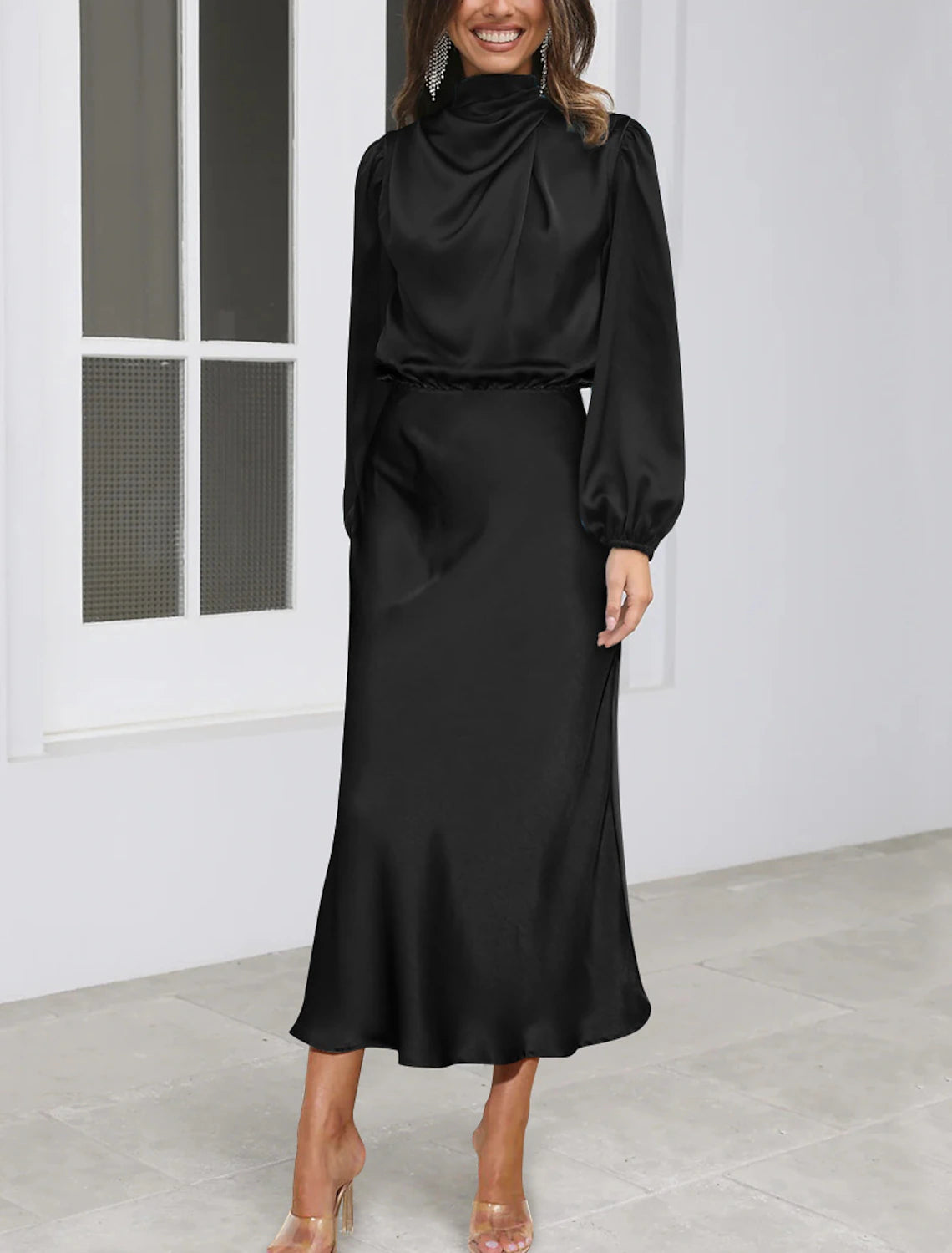 Champagne Satin High Neck A-Line Midi Bridesmaid Dress