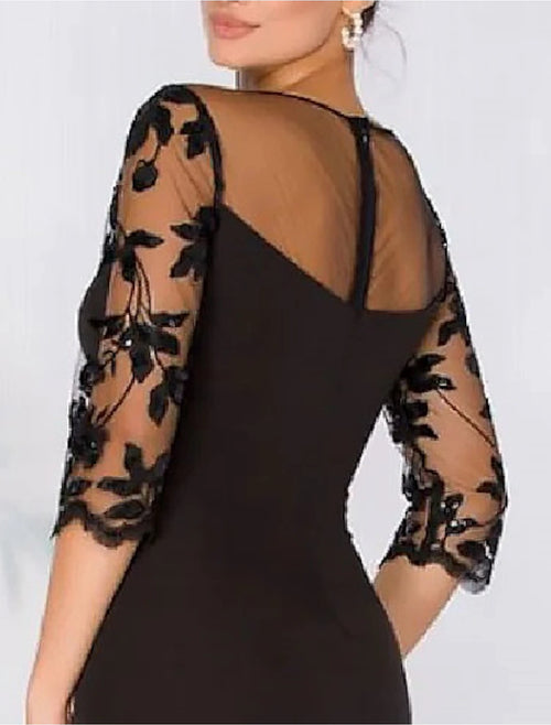 Vestido de noche elegante negro para invitada de boda, largo hasta el suelo, mangas 3/4, escote joya, satén con apliques de cuentas 2025