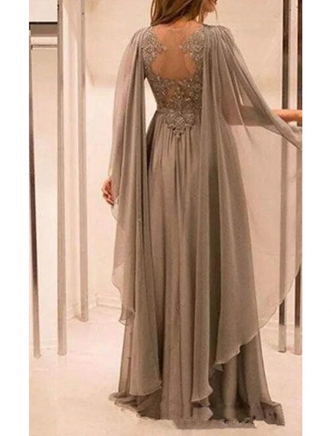 Grey Chiffon A-Line Floor-Length Dress with Cape Sleeves